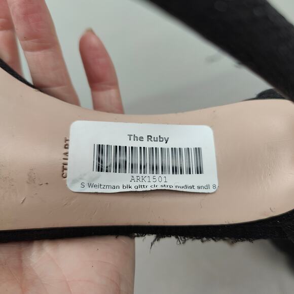 Stuart Weitzman‎ The Ruby Nudist Heels Womens 8 Black Glitter Sandals Shoes Glam - Picture 9 of 11